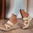 thumbnail image 3 of Rokment Womens Wedges High Heels Dress Slides Sandals Ladies Stylish Simple Denim Cross-Band Platform Chunky Heeled Slip on Summer Casual Height Increasing Dressy Slippers Beige Size 6.5, 3 of 6