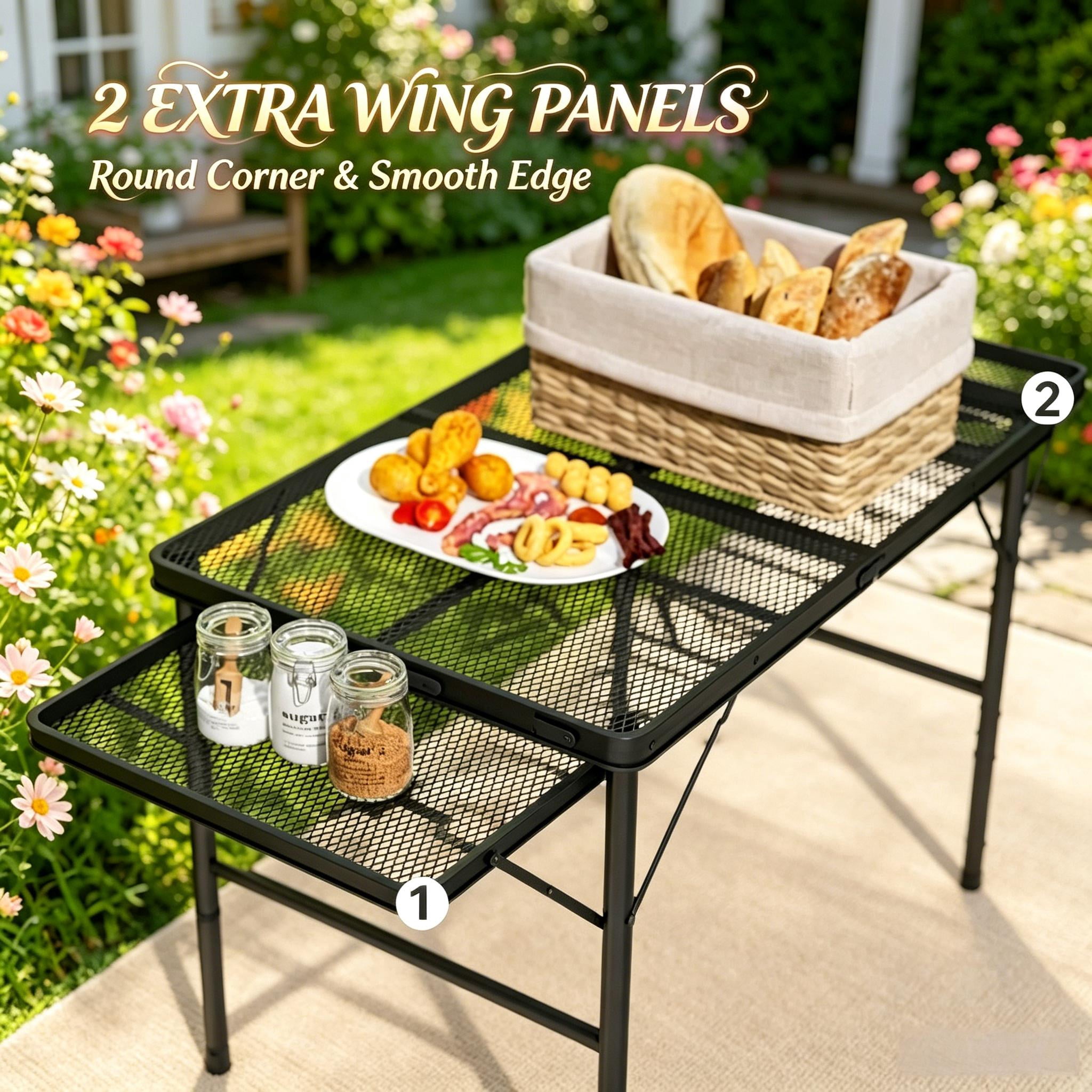 Foldable Expandable Outdoor Table, Adjustable Height Metal Camping Table with Side Wings, Waterproof Rust-Resistant Portable Picnic Standing Table for Patio BBQ Beach