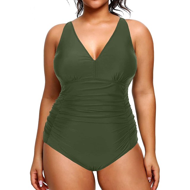 GHSDFBB Women Plus Size One Piece Swimsuits V Neck Tummy Control Bathing Suits Retro Ruched Swimwear