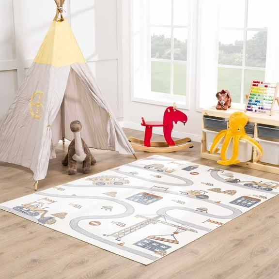 Hauteloom Olwen Kids Room, Nursery, Playroom Machine Washable Area Rug - Road, Construction Vehicles - Cream, Light Gray - 7'10" x 10'