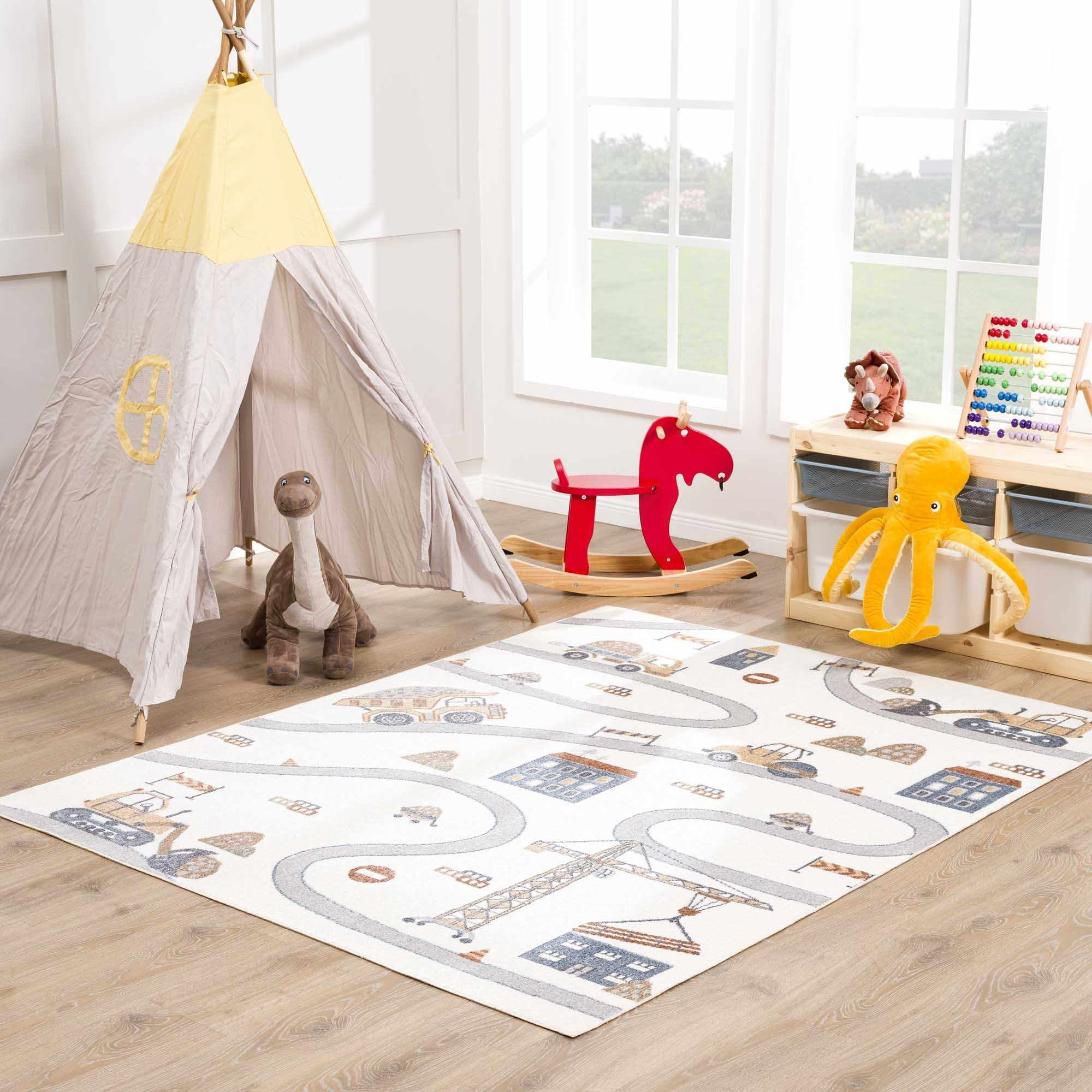 Hauteloom Olwen Kids Room, Nursery, Playroom Machine Washable Area Rug - Road, Construction Vehicles - Cream, Light Gray - 5'3" x 7'