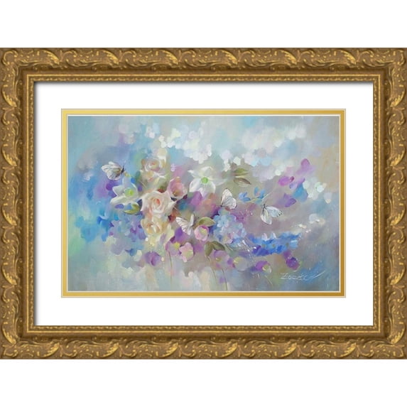 Zareckaye, Tatiana 32x22 Gold Ornate Wood Framed with Double Matting Museum Art Print Titled - White Butterflies on Flowers