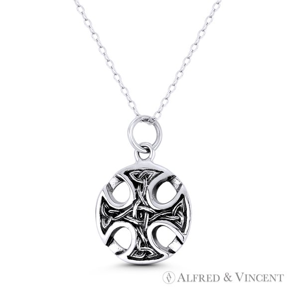 Canterbury Cross w/ Trinity Knot Triquetra Charm 25x16mm (1x0.6in) Pendant & Chain Necklace in Oxidized .925 Sterling Silver