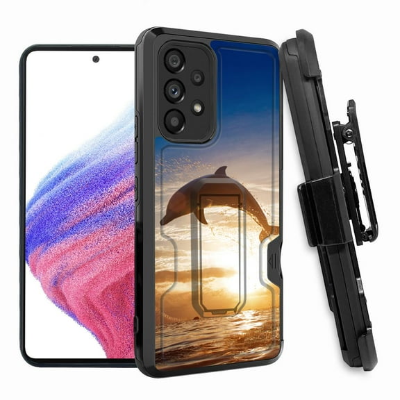 ANJ  Rugged Shockproof Hoster Case w/Card Slot, Kickstand   Tempered Glass Cover for Samsung Galaxy A33 5G - Jumping Dolphin