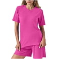 thumbnail image 2 of Amzcrzy_Lounge Sets for Women Casual Solid Color Fashion Summer Outfits Versatile Short Sleeve Top and Pants Suit Comfy Ribbed Knit Side Split Two Piece Sets with Pockets, 2 of 8