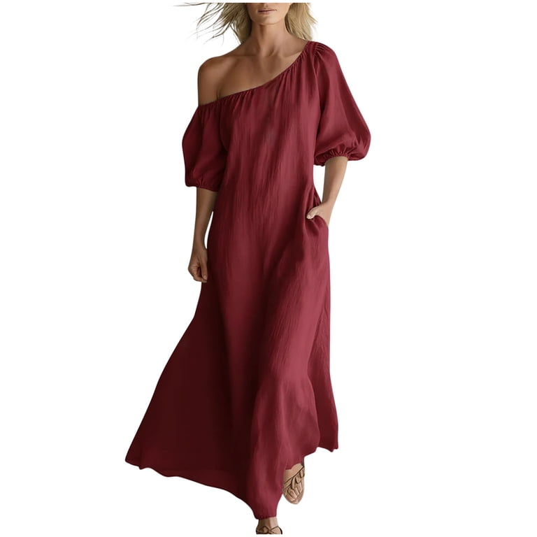 one shoulder half sleeve dress Asgosdo Women Summer Dresses Half Sleeve One Shoulder Solid Color Trendy Flowy Vacation Dress with Pocket, Women's, Size: Large, Black