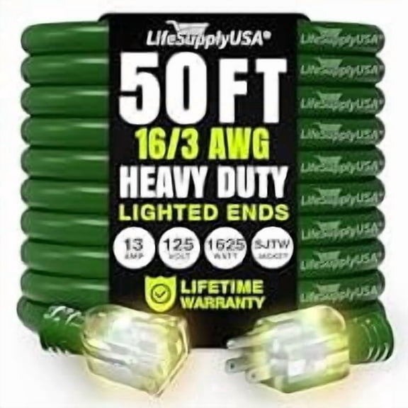 50ft Outdoor/Indoor Extension Cord 14/3 Gauge Heavy Duty 3 Prong SJTW, Waterproof, ETL Listed, Flexible Cold-Resistant Long Power Cord,15A 125V 1875W, Neon Green by LifeSupplyUSA
