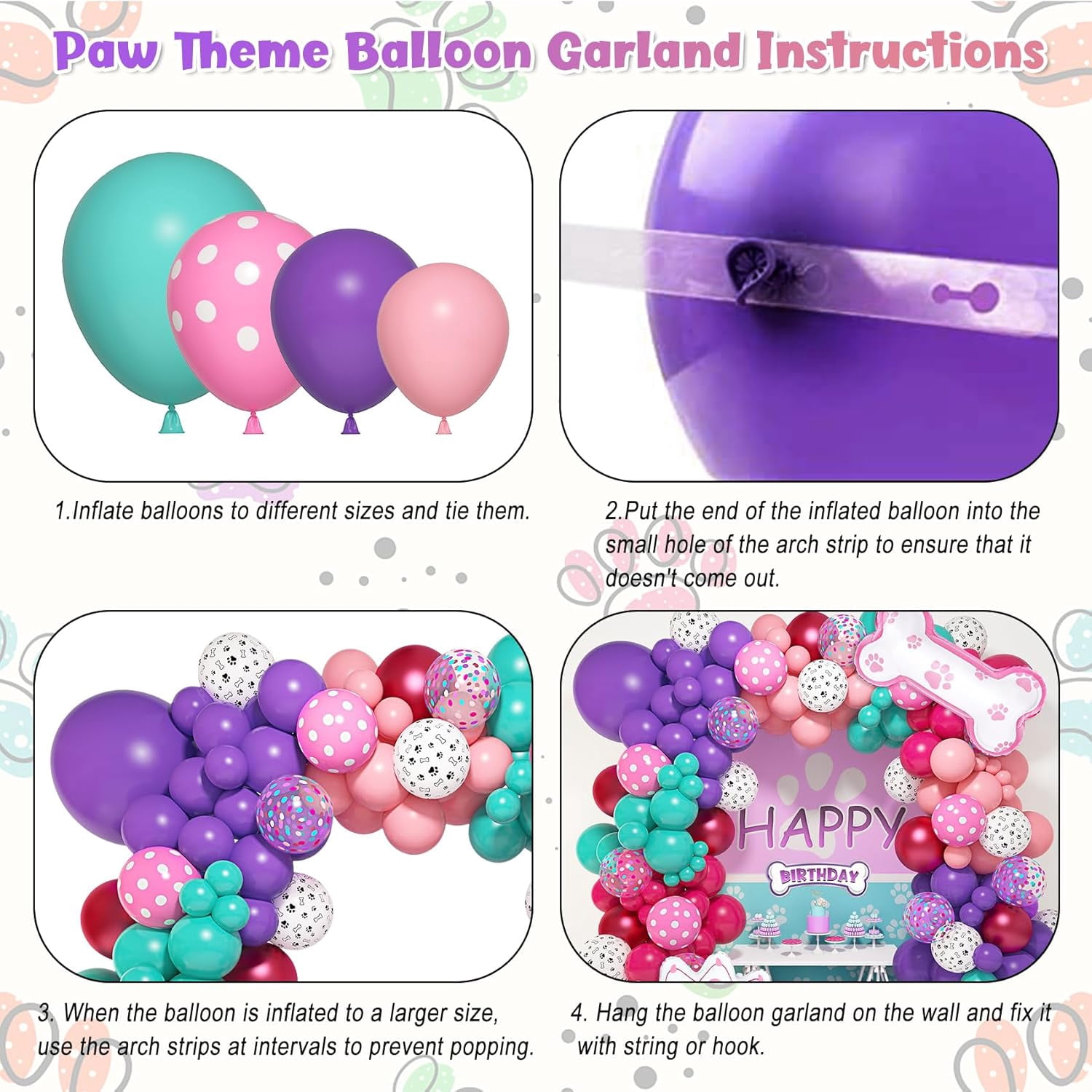 147-Piece Paw Balloon Garland Arch Kit - Dog Paw Print Balloons in Pink, Purple, Turquoise with Confetti - Puppy Theme Birthday Baby Shower Party Decorations