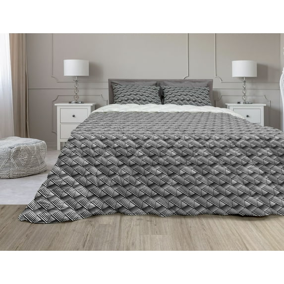 Abstract Comforter & Sham Bedding Set, Modern Composition of Repetitive Monochrome Diagonal Streaks in Hexagons, 3 pcs Duvet Set Microfiber Filling Quilt, 5 Sizes, Charcoal Grey White, by Ambesonne