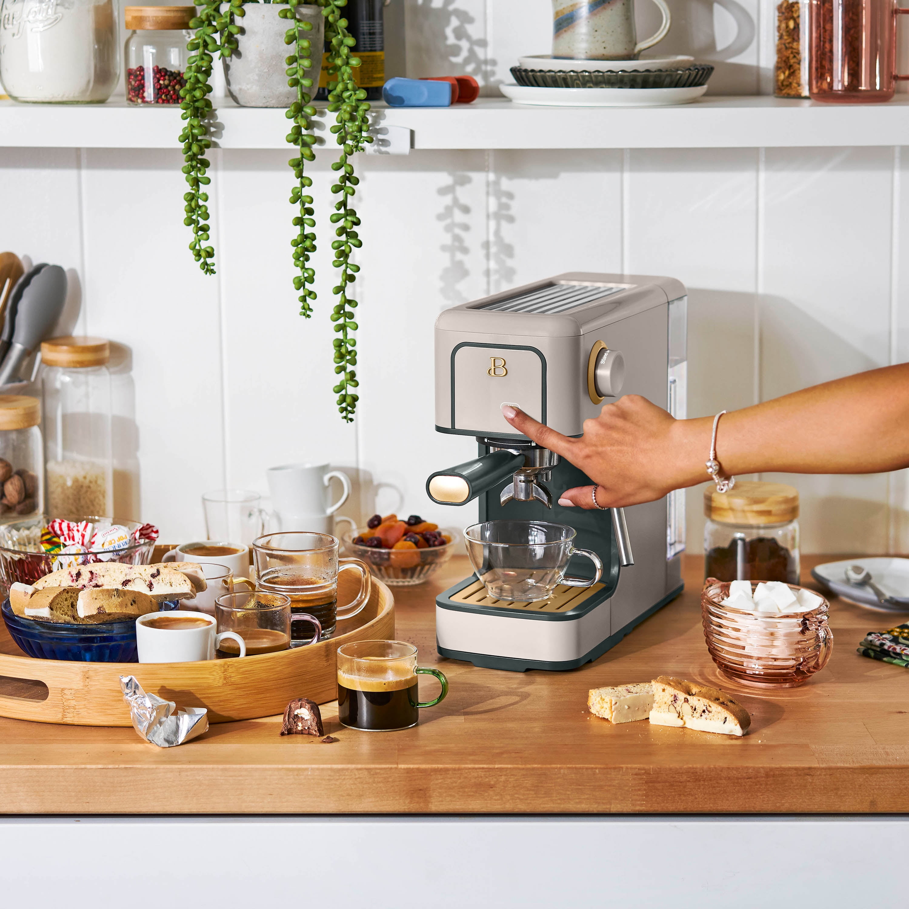 Beautiful Slim Espresso Machine with 20-Bar Pressure, Porcini Taupe by Drew Barrymore