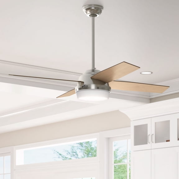 Hunter 52 inch Indoor Ceiling Fan with LED Light and Remote Control - Modern Ceiling Fan, Standard Mount, 4 Light Gray Oak Blades, For Bedroom, Living Room, or Kitchen - Dempsey 50284, Brushed Nickel