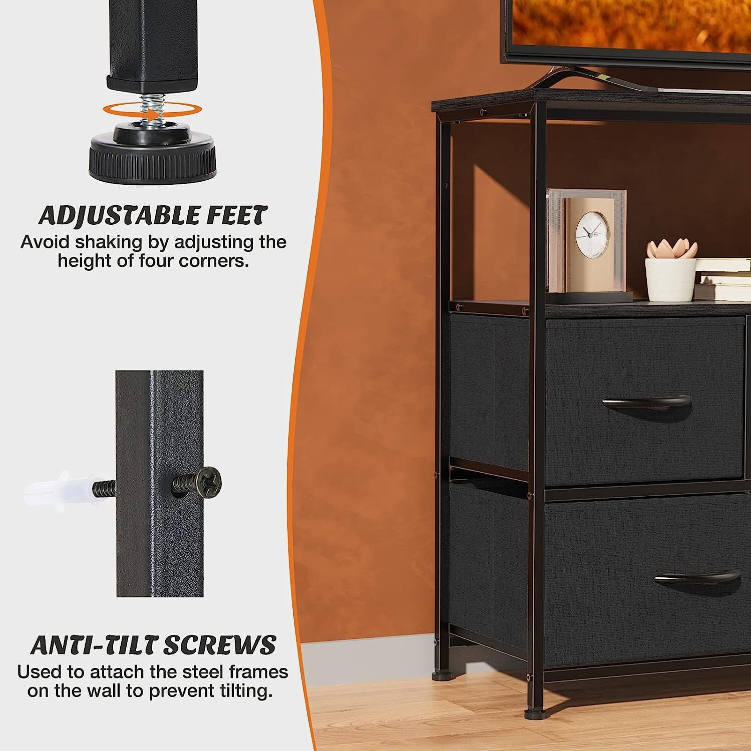 Nextay TV Stand Dresser with 5 Fabric Drawers, Small Media Console with Open Shelf for 45-Inch TV, Storage Organizer for Bedroom, Dorm, or Living Room