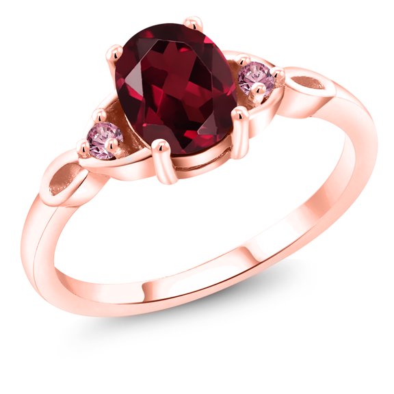 Gem Stone King 18K Rose Gold Plated Silver Red Rhodolite Garnet and Pink Lab Grown Diamond 3-Stone Rings for Women (1.43 Cttw, Gemstone January Birthstone, Oval 8X6MM, Size 8)