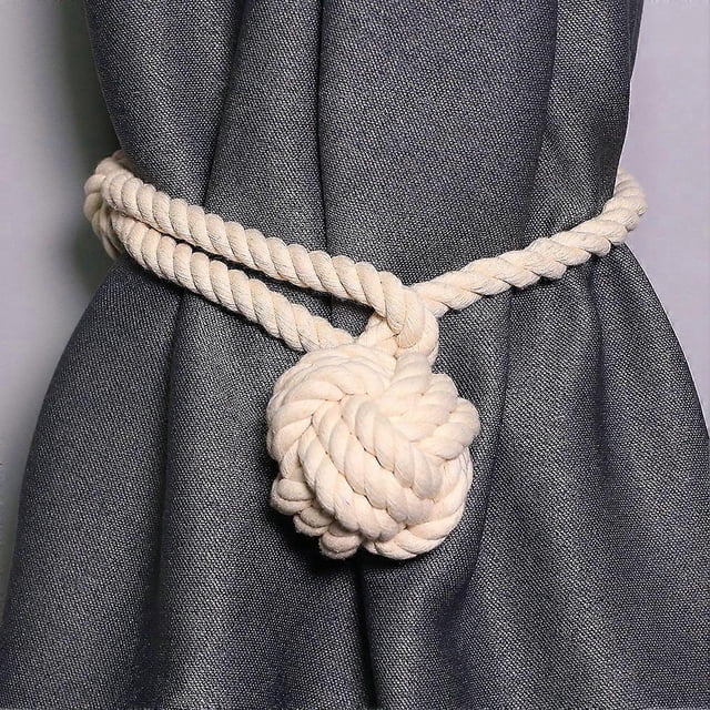 2 Pack Beige Rustic Curtain Tiebacks - Outdoor Curtain Drapery Holdbacks Holders - Decorative Hand Knitting Drape Cotton Tie Backs Rope for Sheer and