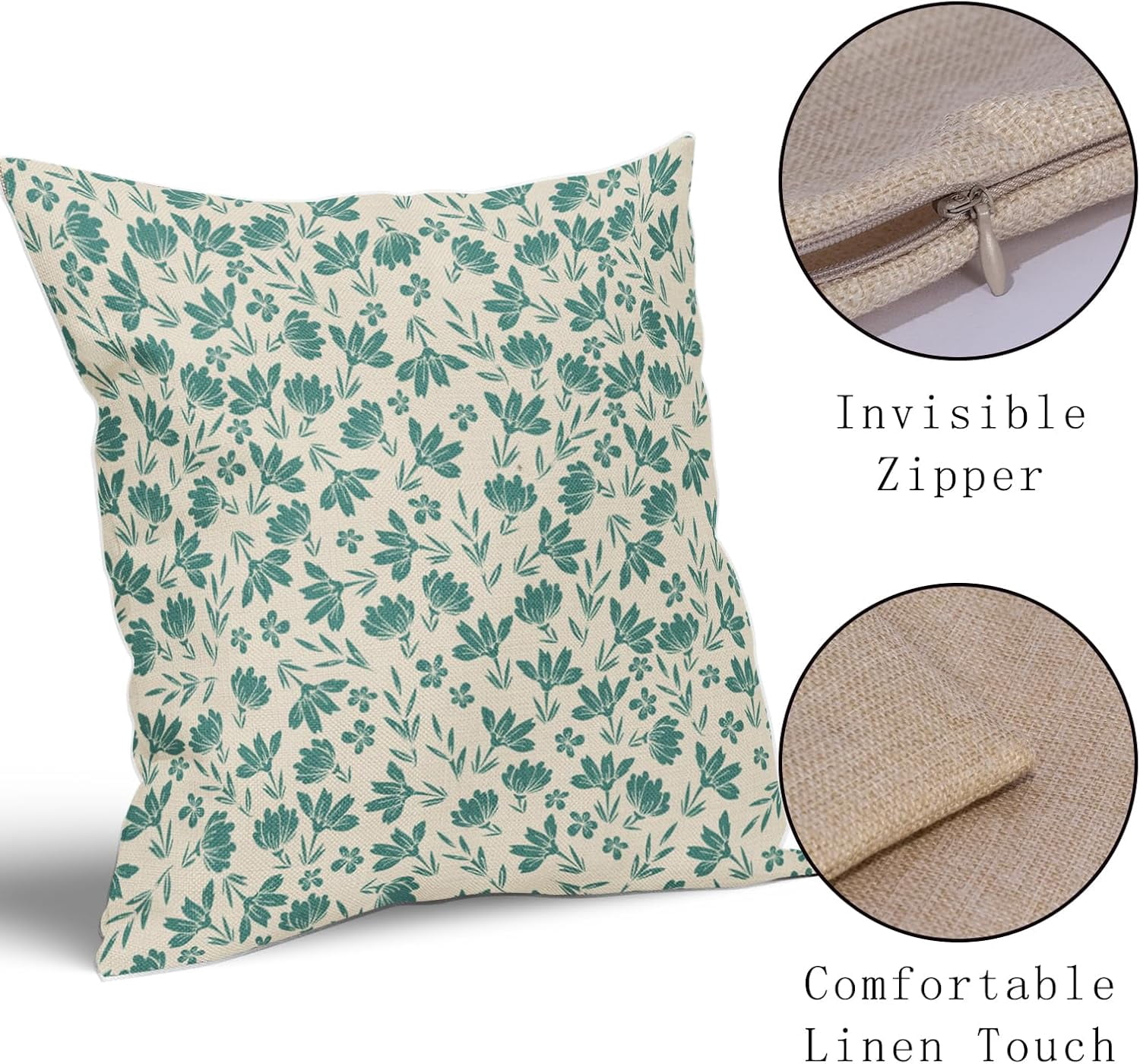 Aqua Floral Pillow Covers 18x18 Set of 2 Vintage Rustic Old Style Cute Small Flower Teal Cream Print Decorative Outdoor Pillowcases Farmhouse Throw Cushion Case Decor for Couch Sofa Bed