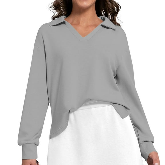 YUGYXL Women's Side Split Sweatshirt Lounge Solid Color Long Sleeve Clothes V Neck Collared Blouses Gray S