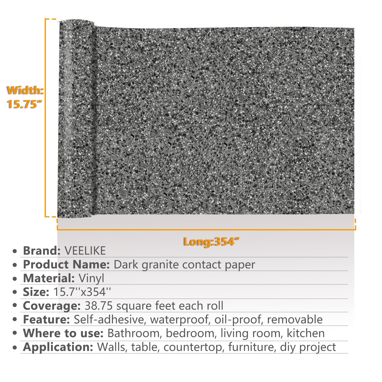 VEELIKE Black Granite Peel and Stick Countertops Contact Paper Waterproof Removable Marble Contact Paper for Countertops Self Adhesive Black Wallpaper Vinyl Roll for Kitchen Cabinets 15.7"x354"