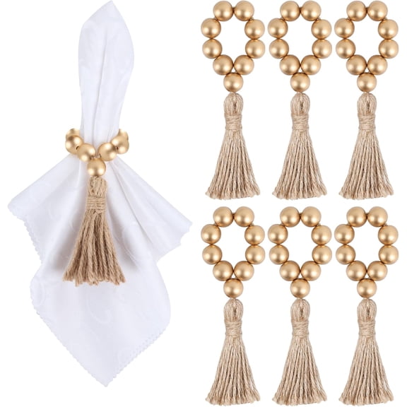 6 Piece Wooden Bead Napkin Rings, Farmhouse Stretchable Napkin Rings with Tassel Boho Napkin Rings for Dining Table,Wedding Decoration.