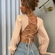 thumbnail image 4 of Blusa sexy de manga larga con cuello redondo y espalda descubierta para mujer, color sólido, informal, con lazo cruzado en la espalda, 4 of 6