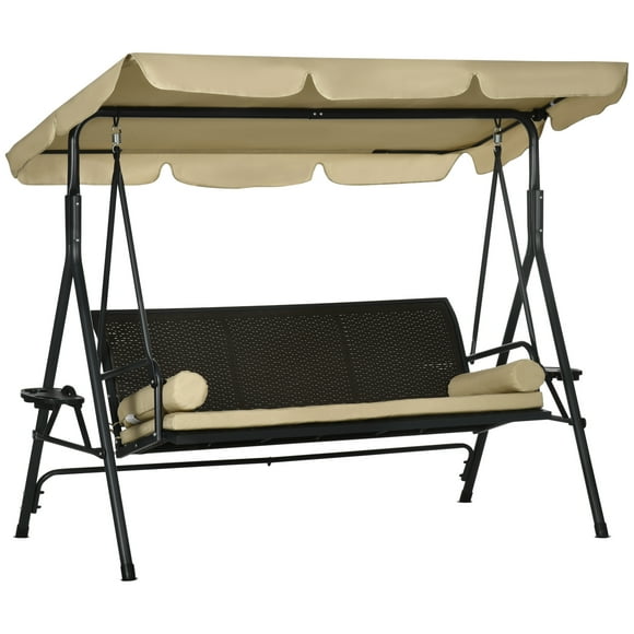Outsunny 3-Seat Porch Swing with Canopy Outdoor Swing Chair w/ Rattan Seat