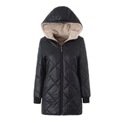 QUYUON Women Long Quilted Jackets Lightweight Long Sleeve Full Zip up Fleece Lined Hoodies Sweatshirts Winter Warm Outerwear Coat Style C-8 Quilted Puffer Jackets with Hood Black L