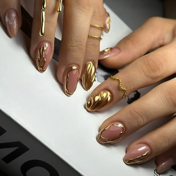 Huhudde 24Pcs Almond Shaped Gold Press On Nails Short Length Acrylic False Nails With Elegant Designs For Daily Manicure