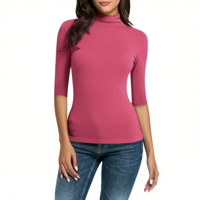 LIaqionyy Hauts pour Femmes Col Roulé Simulé Manches Courtes Décontracté Ajusté Chemises de Travail Business Blouses Basiques Chic