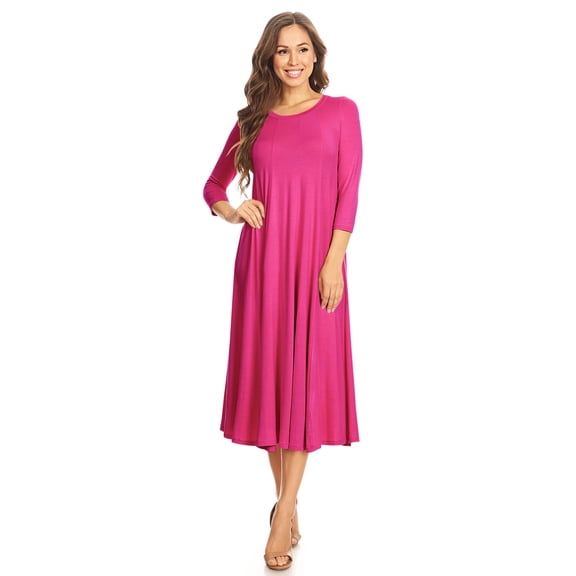 Women's Casual Basic Comfy 3/4 Sleeve Flare A-line Midi Long Maxi Dress