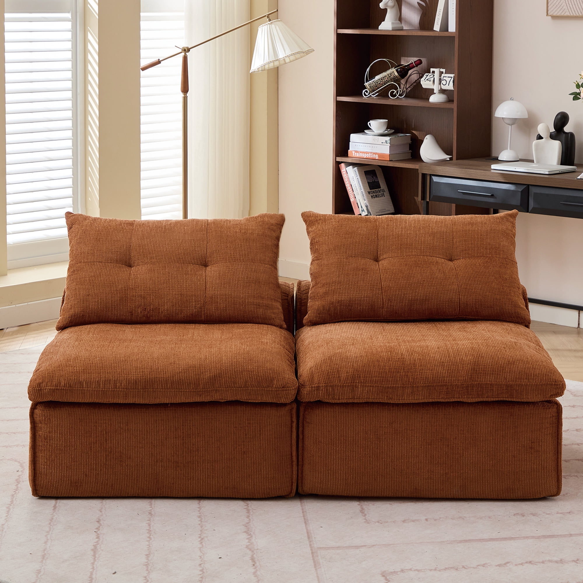 Miniyam Modular Floor Sofa with Lumbar Pillow, Armless Chenille Lounge Chair for Small Spaces, Orange