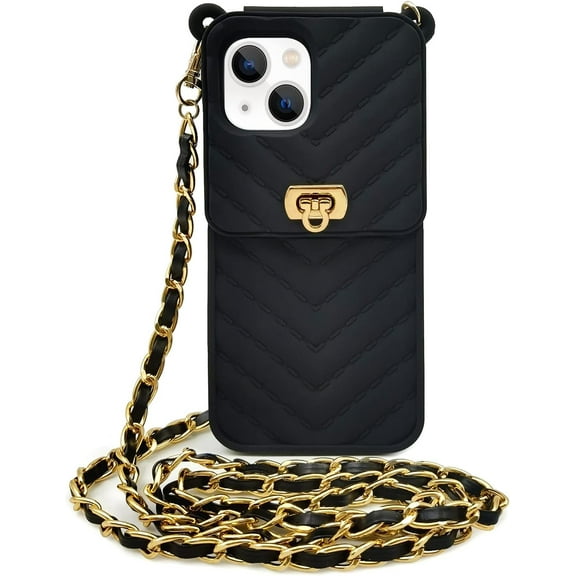 Compatible with iPhone 15 Wallet Case with Neck Strap Lanyard Credit Card Holder Purse Handbag Girls Silicone Rubber Soft Fashion Unique Protection Shockproof Cover for Women Girls Black