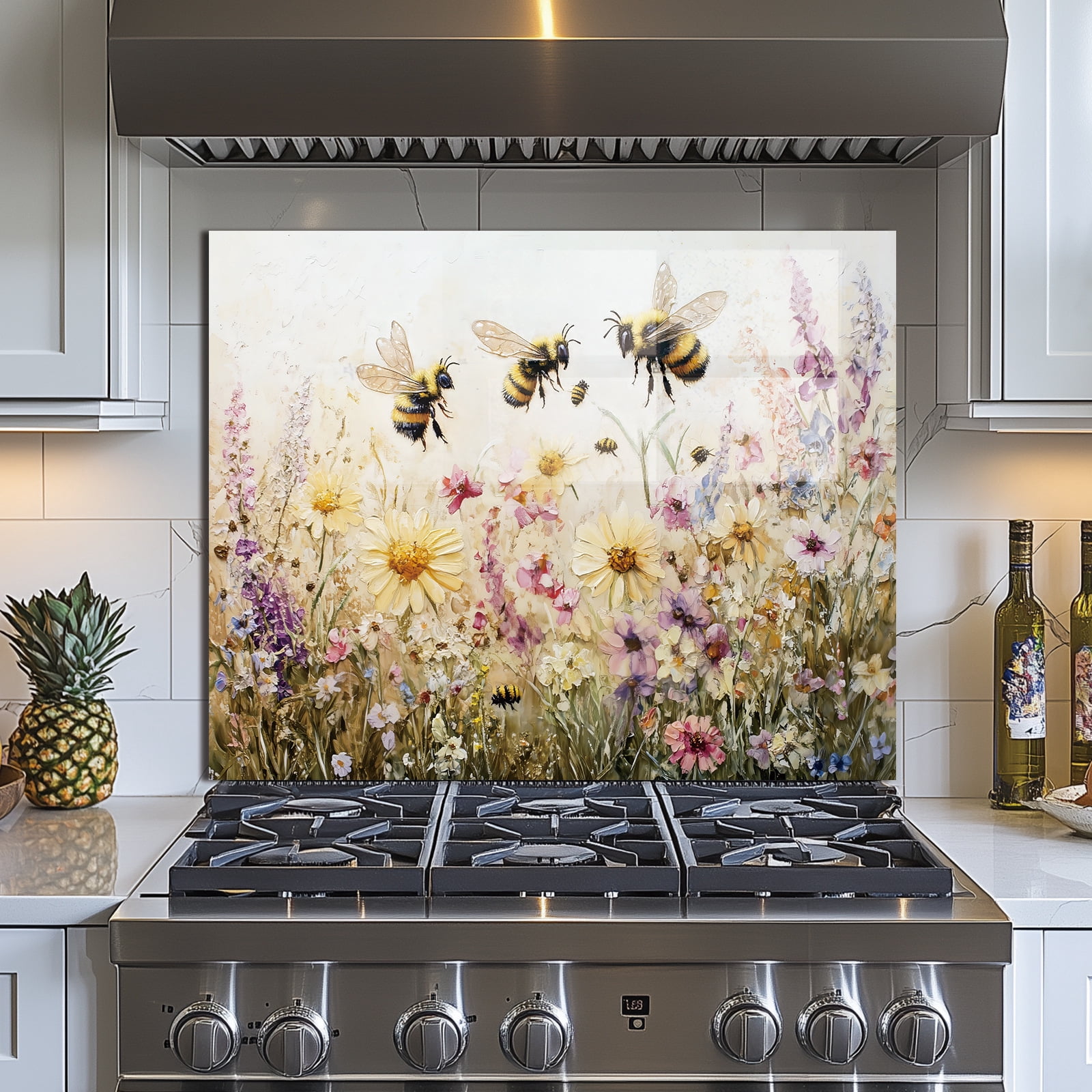 Bees and Flowers Tempered Glass Backsplash For Kitchen Behind Stove,Stove Back Top Cover,Easy to Clean Glass Splashback, Sink Cover Splash Guard,Home Kitchen Wall Decor