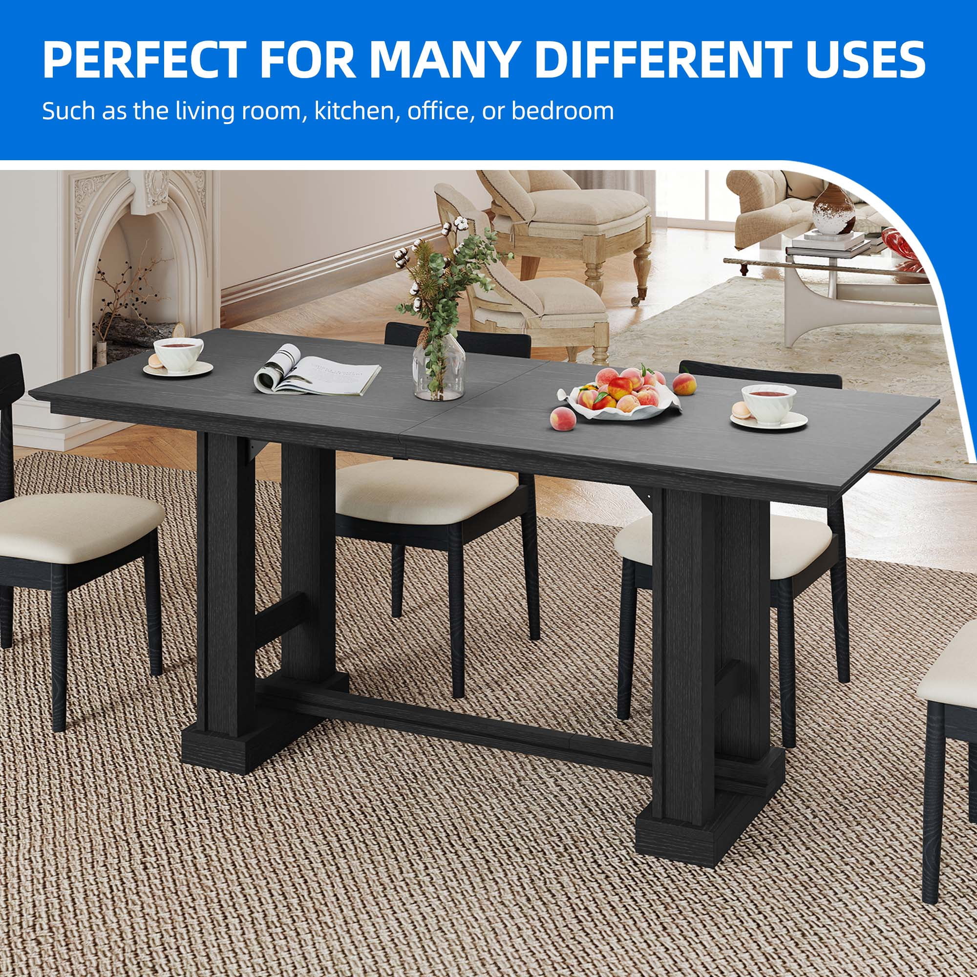 Uforic 70" Dining Table for 6–8 People, Farmhouse Rectangular Kitchen Table with Thick Base for Dining Room, Living Room, and Kitchen, Black