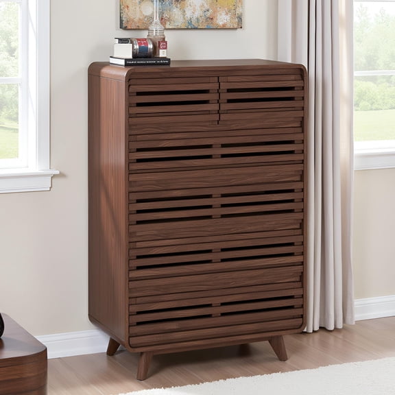 Tall Dresser for Bedroom, Fluted Large Dresser with 6 Drawers, Chests of Drawers with Grille & Curved Design, Dressers Slides Pre-Installed, Wood Drawer Organizer for Bedroom, Walnut