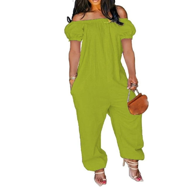 LOVZFMLL Women's Jumpsuit, Solid Color Off Shoulder Short Sleeve Loose Jumpsuit Green, 4XL