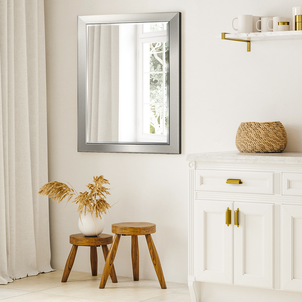 29 in. W x 41 in. H Framed Rectangle Beveled Edge Wood Full Length Mirror in Solid Silver