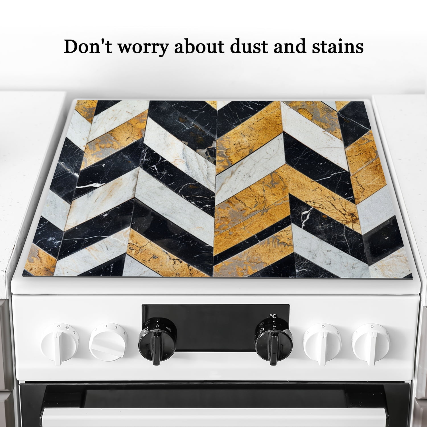 Glass Stove Top Covers For Electric Stove, Abstract Geometric Art Marble Print Square Glass Stovetop Cover, Black White and Gold Dustproof Mat for Kitchen RV (28×20 Inch)
