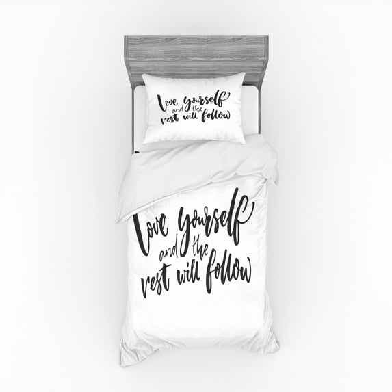 Ambesonne Saying Bedding Set 3 Pcs, Self Love Wisdom Words, Twin XL, Charcoal Grey White