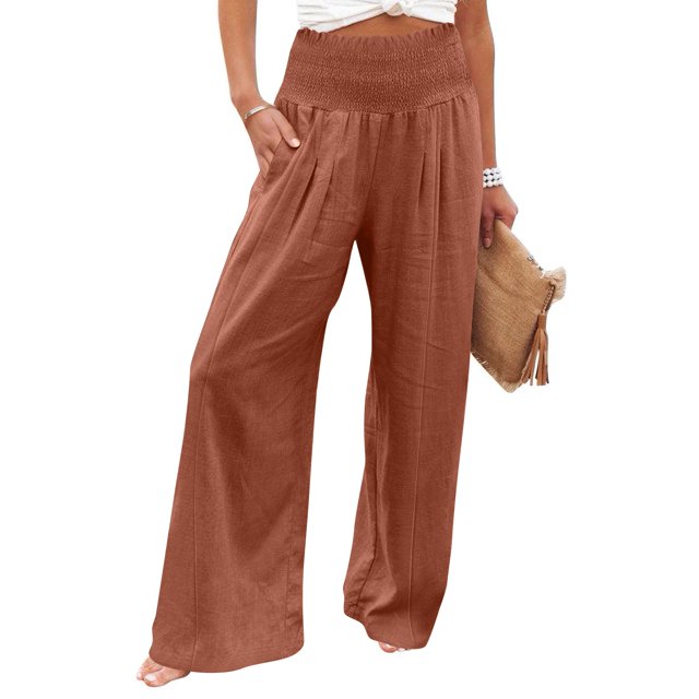 WILLBEST Pantalones Casuales para Mujer: Cómodos Pantalones de Lino de Pierna Ancha y Holgados, Pantalones de Playa Estilo Palazzo de Verano con Bolsillos para Un Estilo Informal. Grande