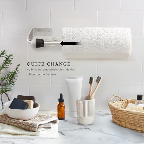 Wall Mount Paper Towel Holder for One-Handed Use, Patented Design with Rounded Finial, 14-Inch Brushed Silver Metal Finish for Kitchen or Bathroom