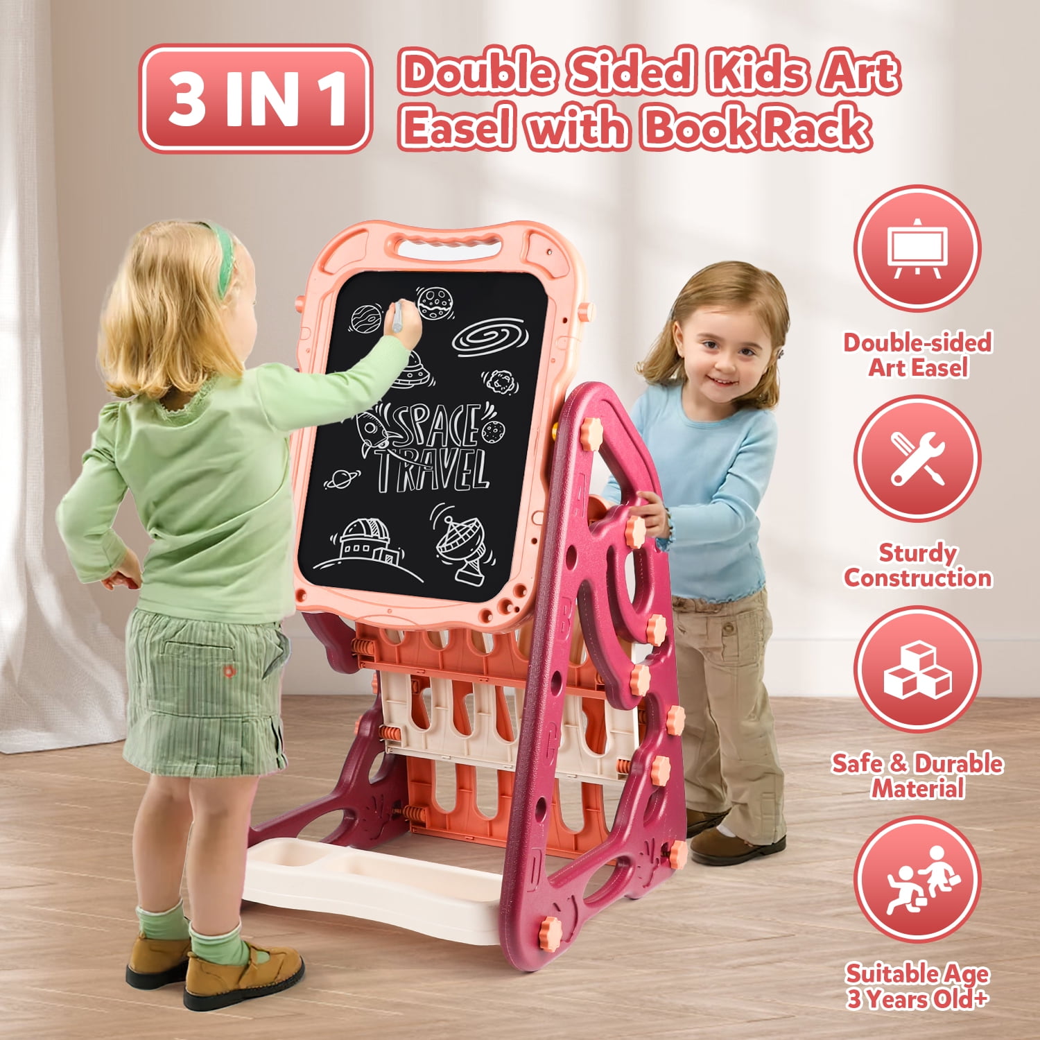 UUSUOO Easel for Kids,3 in 1Double Sided Art Easel with Magnetic White Board & Chalk Board,Adjustable Standing Toddler Easel with Art Accessories,Christmas Gift for Kids Ages 3+,Red