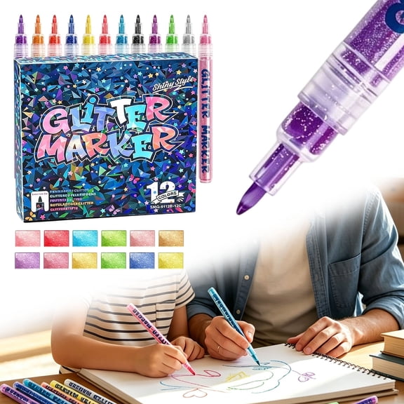 Glitter Acrylic Marker Pens, Fine Tip Sparkly Paint Markers, Shimmer Glitter Pens for Painting, Glass, Ceramic,Wood, Fabric, Stone, DIY Craft, Scrapbooking, Card Making Art Supplies (12 Colors)