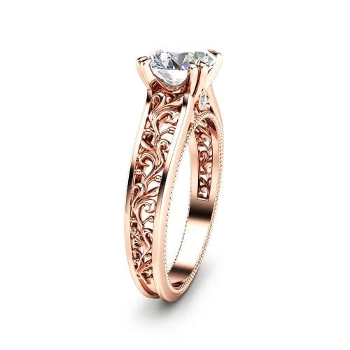 HeartsAndYou 1ct Round Cut Moissanite Engagement Ring for Women 18k Rose Gold Over Silver Filigree Vintage Inspired