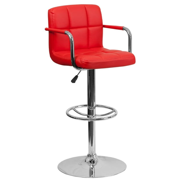 Contemporary Red Quilted Vinyl Adjustable Height Barstool with Arms and Chrome Base