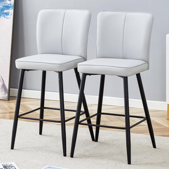 JUFU Grey Bar Stools Set of 2, Modern Island Chairs Faux Leather Barstools with Wide Backrest, Counter Height Bar Chair with Upholstered for Kitchen Island Home Bar