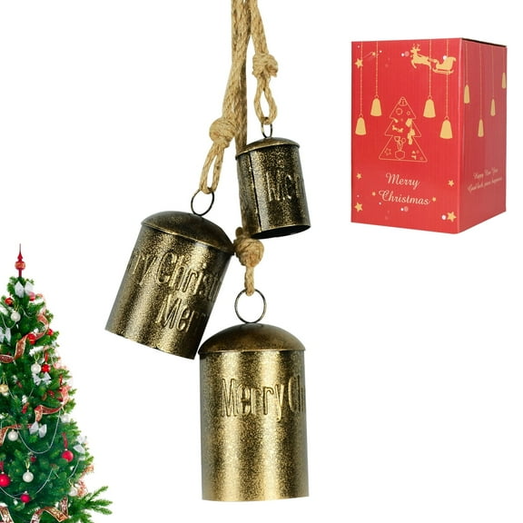 3 Pcs Handmade Rustic Iron Bells - Vintage Christmas Decorations with Jute Ropes, Ideal for Xmas Tree & Fireplace