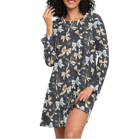 joogoo Black Gold Bows Women's Long Sleeve Nightgown Sleepwear L