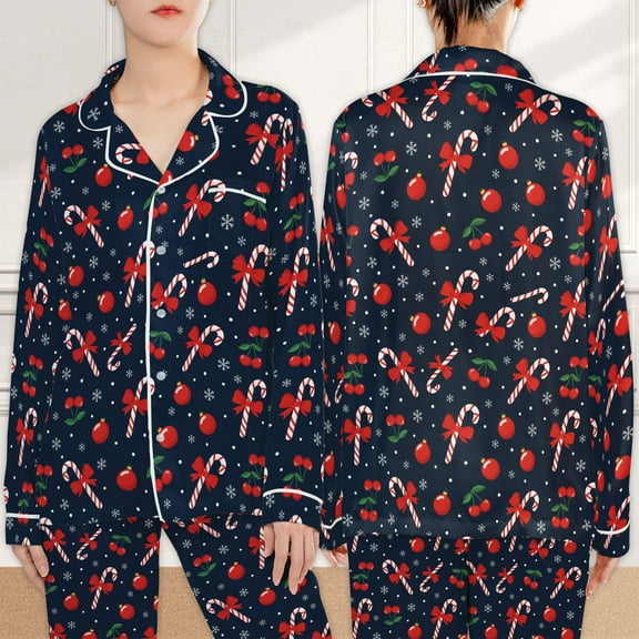 Lotusprinthandmade Coquette Candy Cane All-over Print Satin Pajamas Set (S), Cute Christmas Holiday Sleepwear