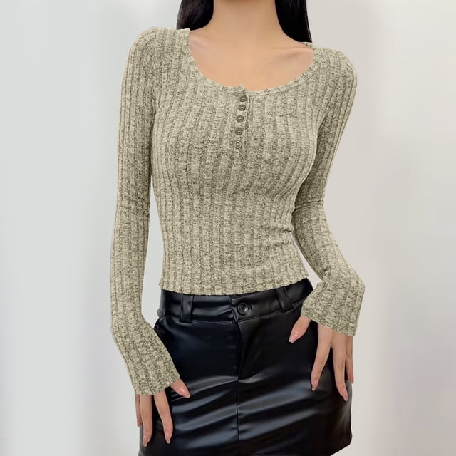 Chandails à Manches Longues pour Femmes Automne Hiver Bouton Col Rond Hauts Extensibles Décontractés Blouses Côtelées Kaki P