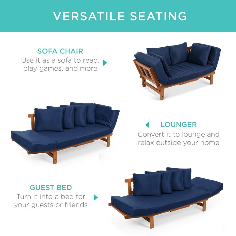 Best Choice Products Outdoor Convertible Acacia Wood Futon Sofa w Pullout Tray 4 Pillows All Weather Cushion Navy