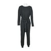 Philosophy Crew Neck Dolman Long Sleeve Tie Waist Elastic Hem Pockets Jersey Knit Jumpsuit-BLACK / XS